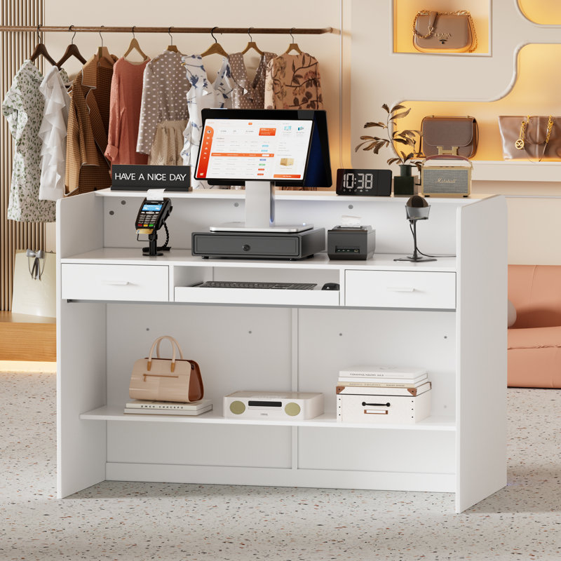 Bureau de réception avec comptoir pour la vente au détail et la caisse, comptoir de réception avant moderne avec tiroirs et tablettes ouvertes, comptoir de vente au détail avec rangement pour comptoir, salon de beauté, boutique, bar, blanc