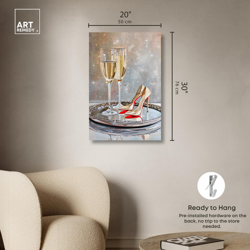 Illustration de mode sur toile avec talons et boissons classiques par , H 30 po x l 20 po, Toile tendue