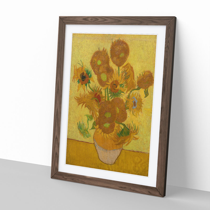 Fifteen Sunflowers by Vincent Van Gogh - Picture Frame Painting, 36cm H x 27cm W x 2cm D, Walnut Framed