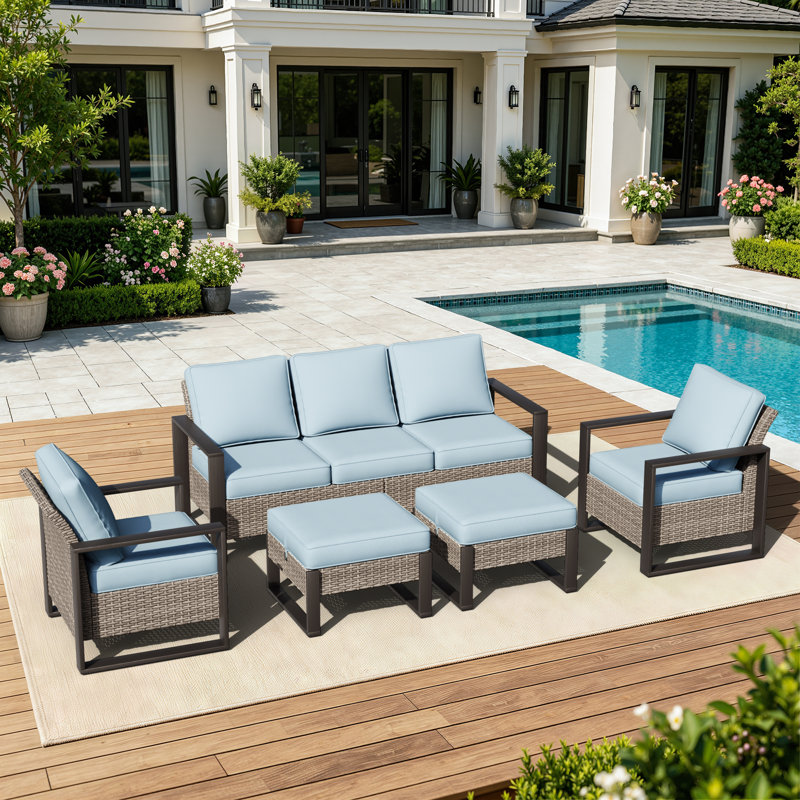 Brayson 5-Piece All-Weather Wicker Patio Furniture Set with Cushions - Outdoor Sofa Seating Group, Sky Blue
