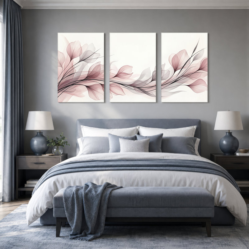 Ensemble de 3 tiges florales douces roses et grises abstraites, H 30 po x l 20 po x 3 pièces