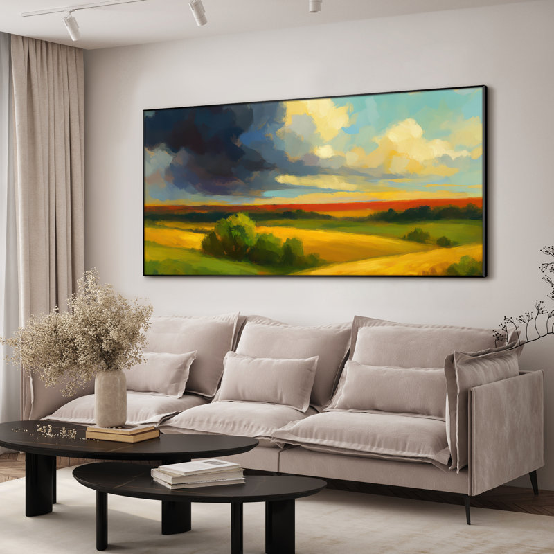 Très grande reproduction d'art sur toile - Ciel orageux au-dessus des champs, coucher de soleil vibrant, décor de ferme pour le salon ou la chambre à coucher - «Assemblage requis du cadre (cadre non fini)»