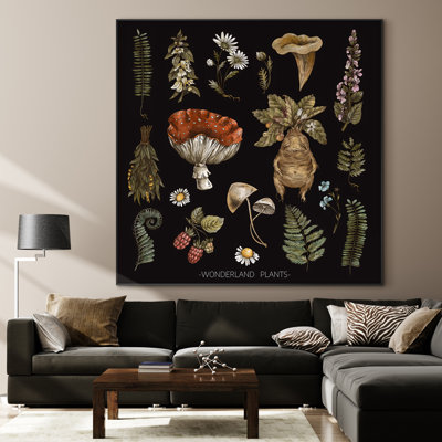 Extra Large Wall Art Fabric Print - Botanical Wonderland Vintage-Inspired Plant and Mushroom Illustration for Nature Lovers Artwork Decor for Living Room or Bedroom - "Frame Assembly Required (Unfinished Frame)"