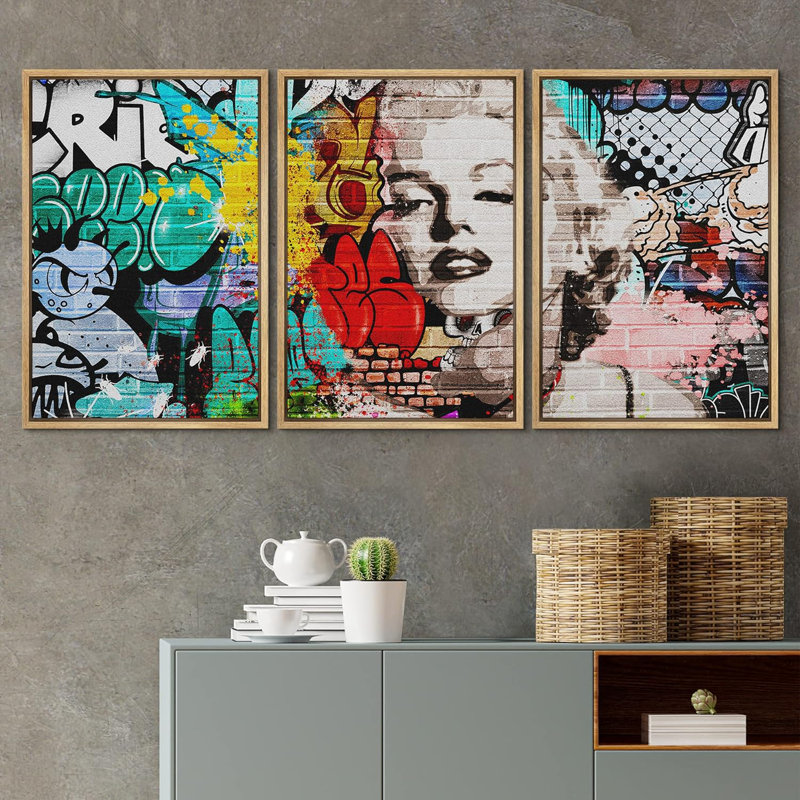 Urban High Contrast Marilyn Monroe Portrait Graffiti & Street Art People Pop Art coloré 3 pièces, H 36 po x l 72 po, Naturel