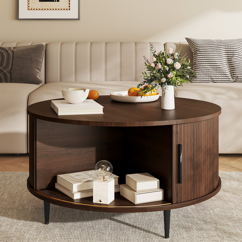 31.5" Modern Round Coffee Table With Hidden Storage: Flip-top Lid & Sliding Doors, Brown, Brown