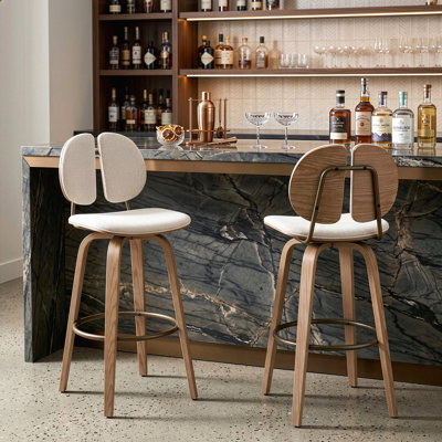 Set of 2 Betrys Beige Washed Woven Fabric Swivel Bar Stool with White Washed Wood Legs