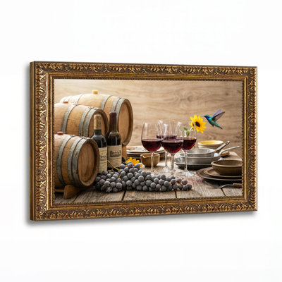Tableau sur toile représentant des tonneaux de vin en bois, des raisins et un colibri