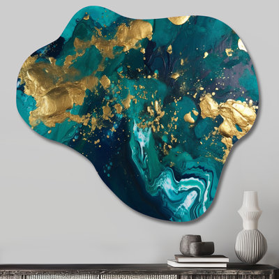 Bleu sarcelle et or liquide Magic II - art mural abstrait asymétrique en métal, sculpture murale en métal nuage