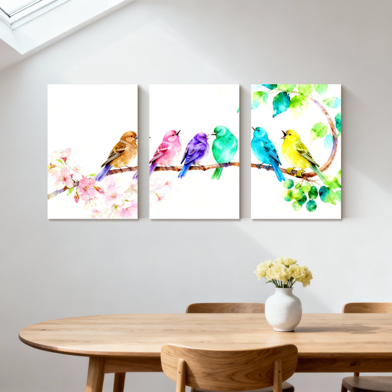 Oiseaux colorés sur des branches de fleurs, ensemble de 3 impressions sur toile, H 30 po x l 60 po