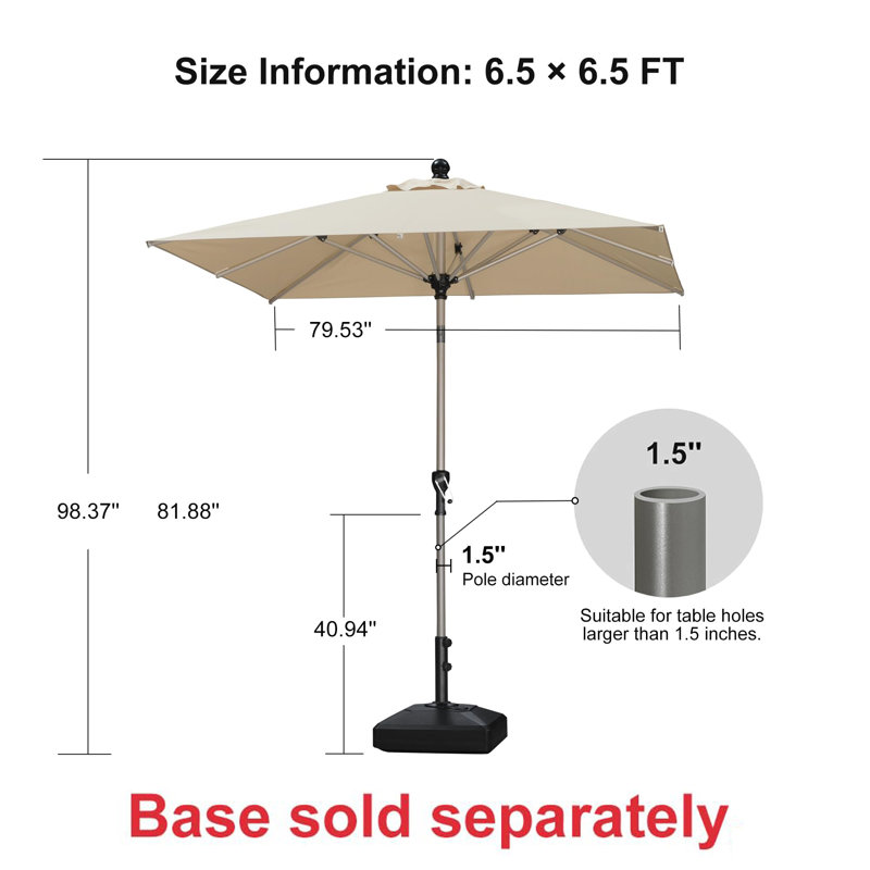 Parasol carré de terrasse 1,98 m x 1,98 m, inclinable, beige, Beige