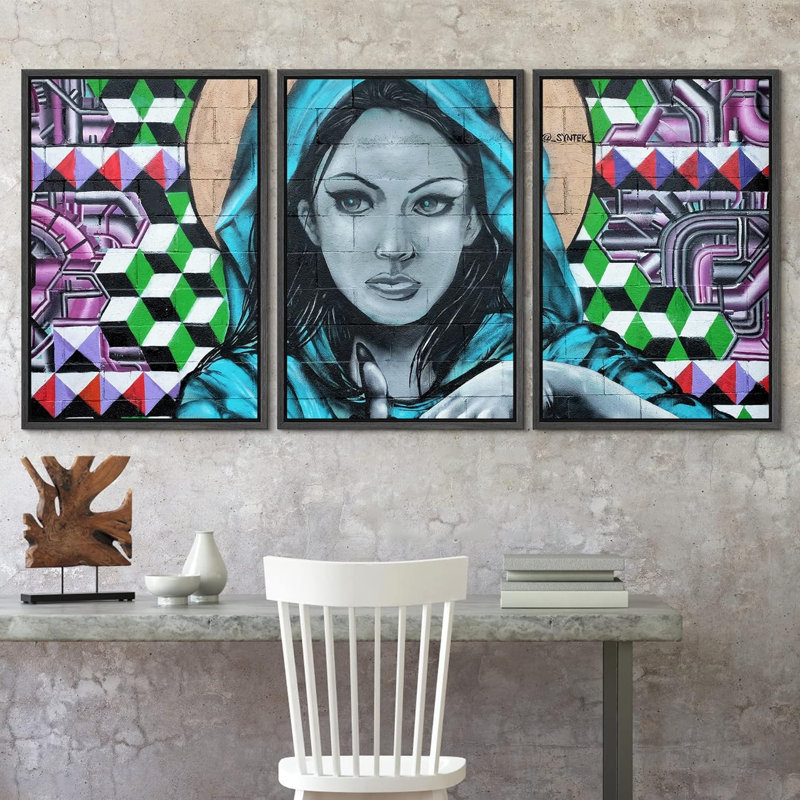 Peinture en aérosol géométrique, mystique, graffiti et art urbain, art moderne coloré, portrait urbain, 3 pièces