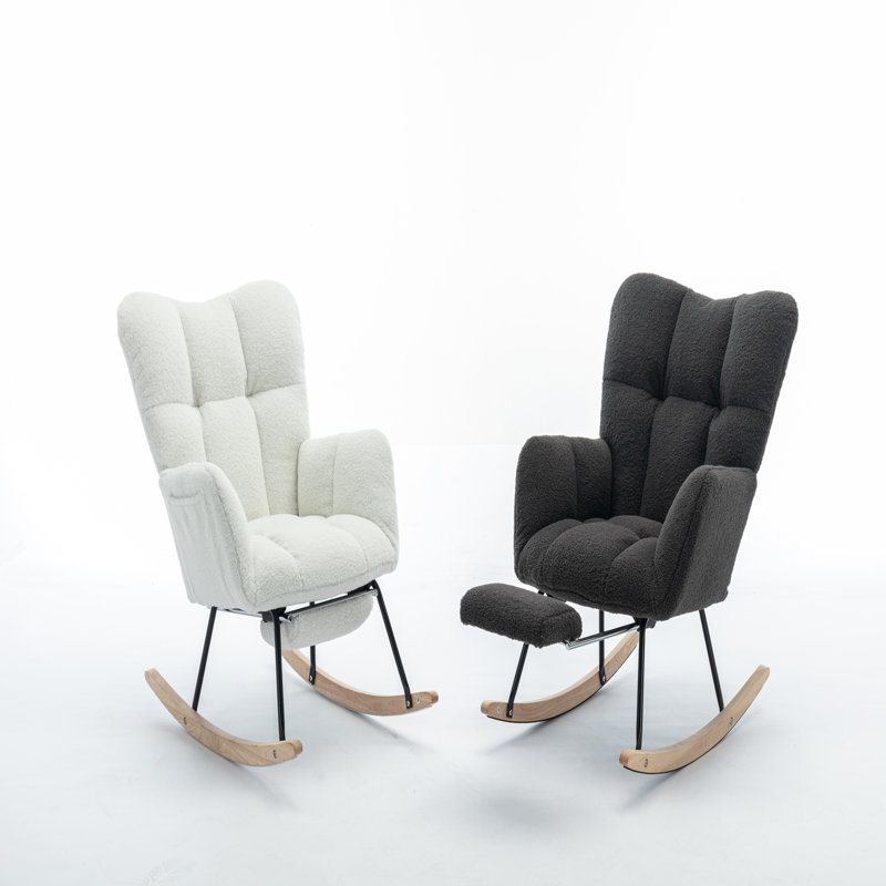 Chaise berçante en tissu avec repose-pieds Teddy, Ivoire ivoire