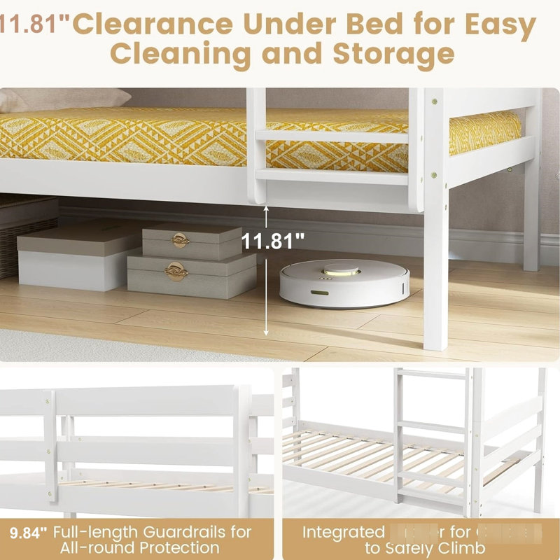 Lit superposé simple en bois massif de pin, conception convertible, ton blanc, garde-corps pleine longueur, intégré, sans sommier, lit de rangement de 11,81 po avec fonction détachable, économie d'espace en 3 étapes