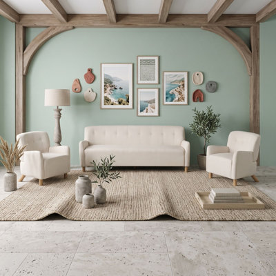3-Piece Living Room Furniture Set with Sofa and Accent Chairs, Button Tufted Linen Upholstered Sofa Set