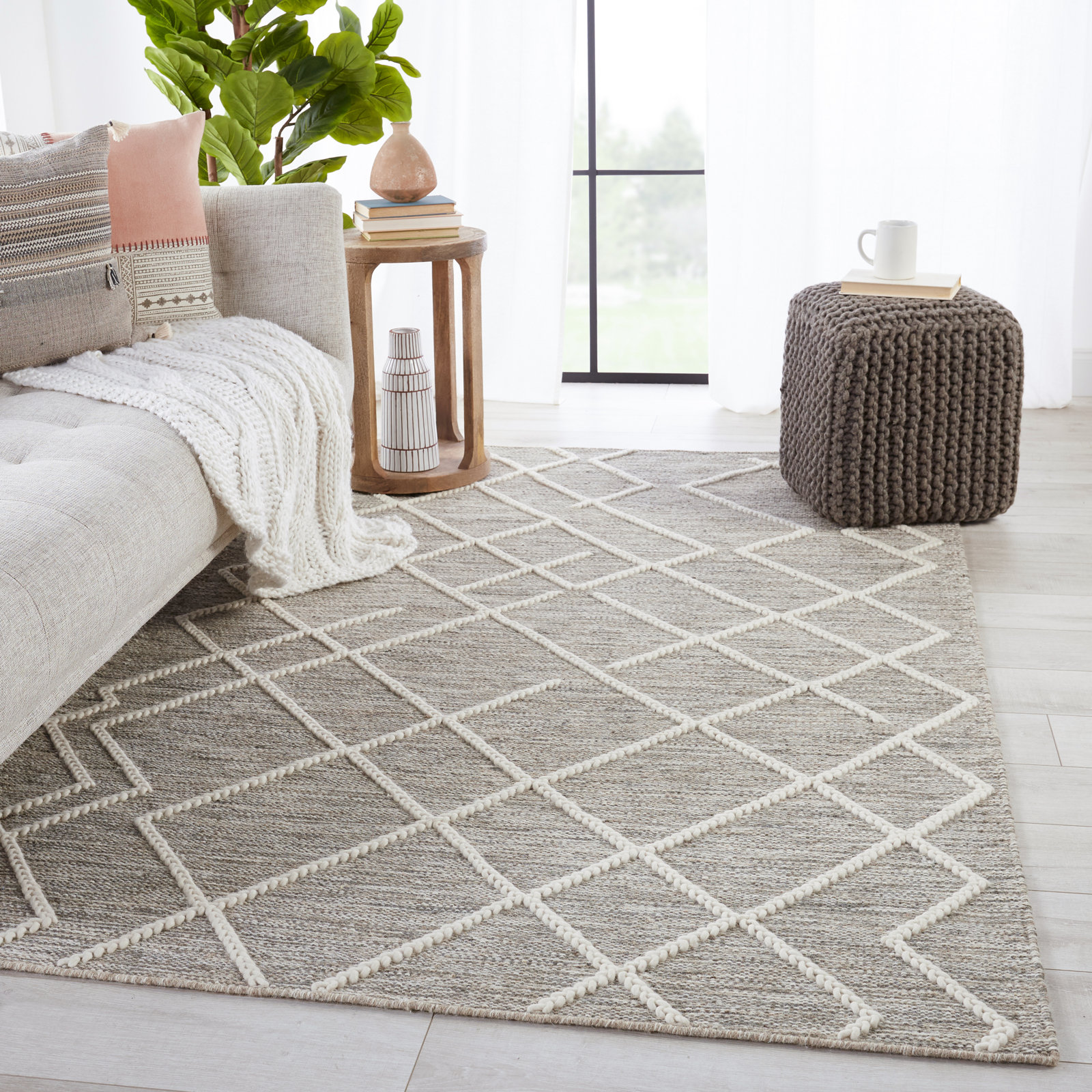 Zephyrine Gray Hand-Woven Geometric Jute Rug, Rectangle 10' x 14'