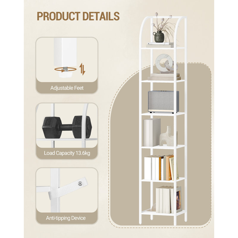 Bookcase, Narrow Bookcase Shelving Unit for Living Room, Office, Sturdy, Bedroom, Industrial , White