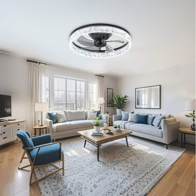Ventilateur de plafond de 20 po en cristal noir avec télécommande - moteur réversible à 6 vitesses, 3 modes de couleur, silencieux et à intensité variable