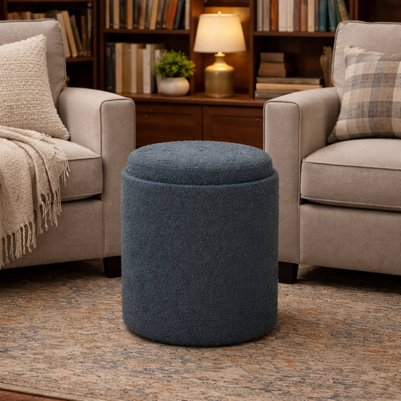 15" Wide Boucle Tufted Upholstered Round Storage Ottoman with Tray Top, Gray