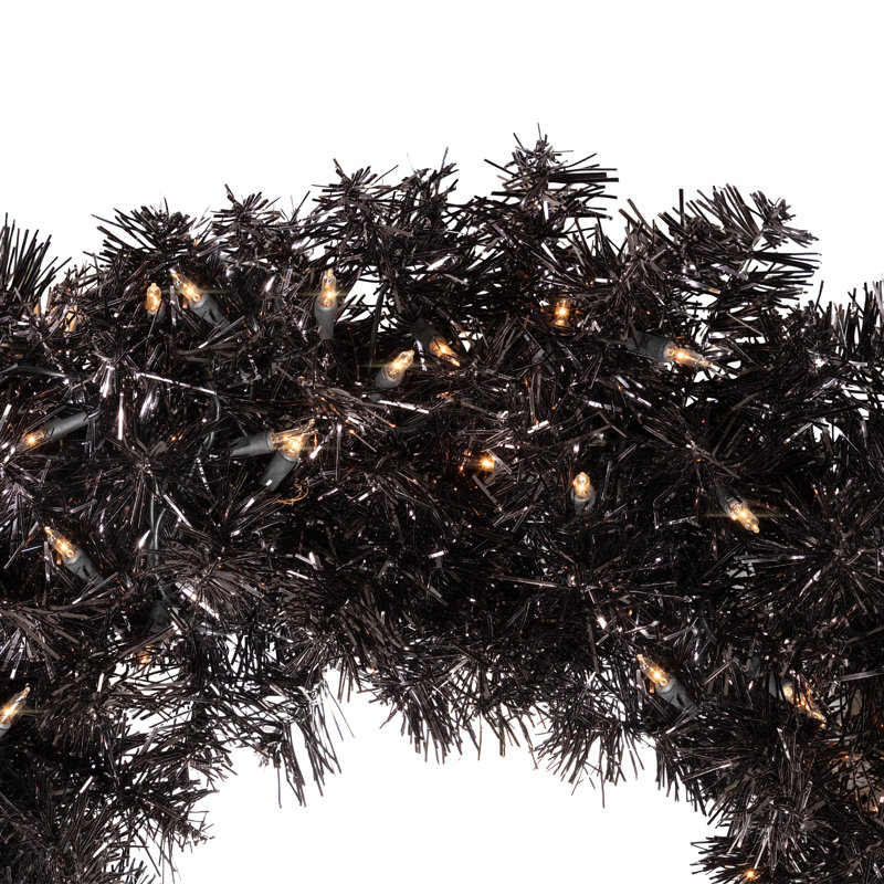 Pre-Lit Artificial Tinsel Christmas Wreath - 24" - Clear Lights, Black