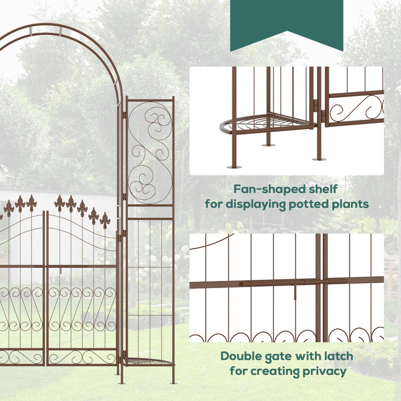 Brown Metal Garden Arbor with Fleur De Lis Motif and Gate