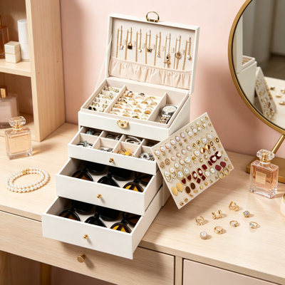 Boîte à bijoux, présentoir de rangement en cuir pour femme à 3 couches, organisateur de bagues à boucles d'oreille à 2 tiroirs de grande capacité, boîte-cadeau, blanc