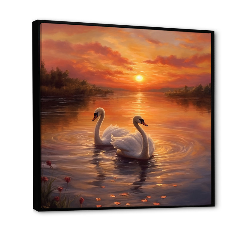 Coucher de soleil romantique avec deux cygnes blancs, Cadre flottant noir, H 36 po x l 36 po x P 1,5 po