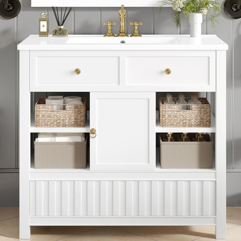 Freestanding 36" Bathroom Vanity With Ceramic Top, White