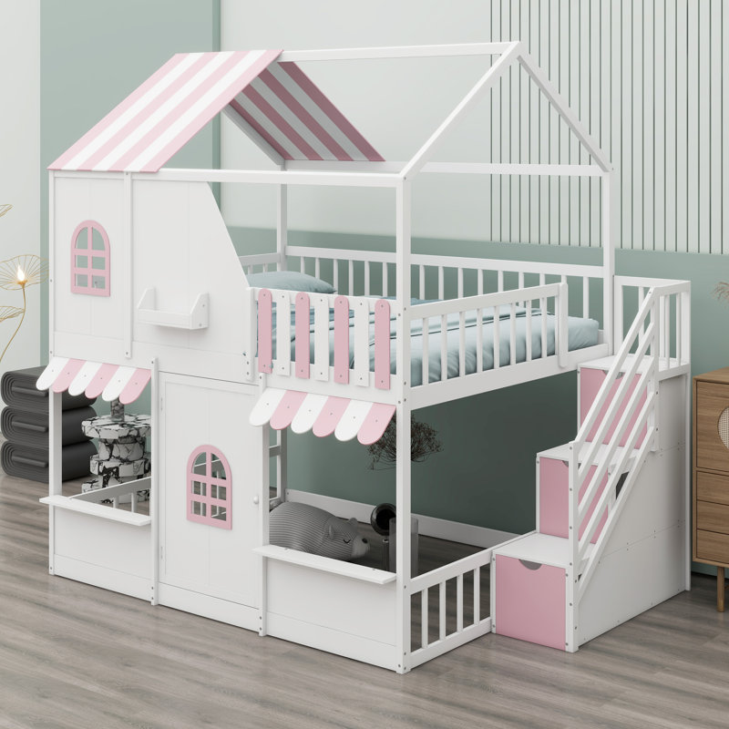 Lit superposé Fun Playhouse avec tablettes intégrées et rangement pour escalier, White+Pink