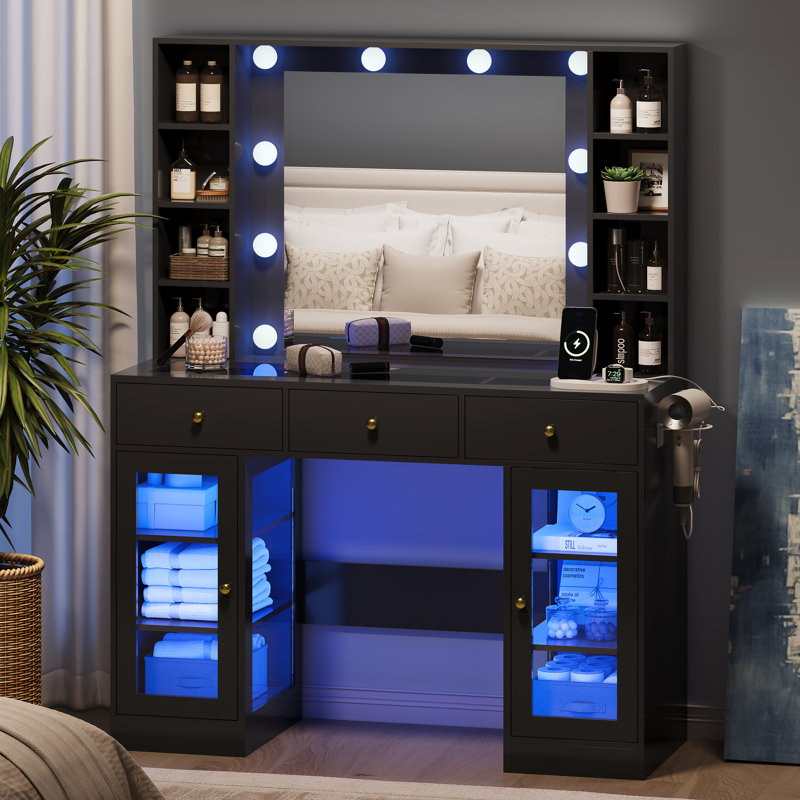 Grand bureau de coiffeuse avec lumières et miroir, 10 ampoules rondes avec miroir, prise de courant, 5 tiroirs, 8 tablettes avec éclairage de luminosité, support pour sèche-cheveux (sans tabouret)