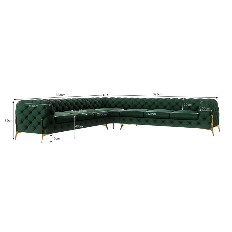 Chesterfield Corner Sofa L-Shape  with Gold Metal Legs, Bottle Green