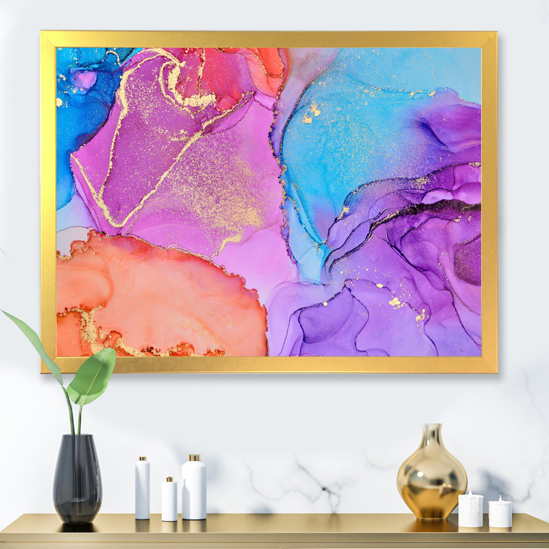 Mauve et bleu abstrait luxueux fluide - Peinture sur toile, H 34 po x l 44 po, Cadre doré à coins fermés