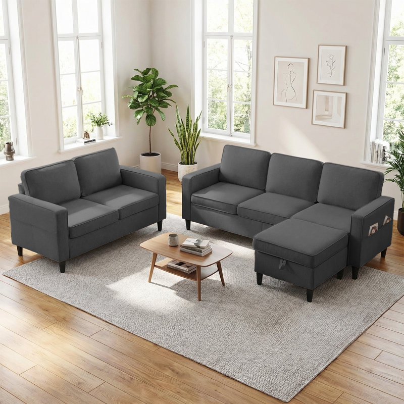 3-Piece Linen L-Shaped Set: 3-Seater Sofa, Loveseat with Ottoman & Side Pockets, Dark Grey, Dark Gray