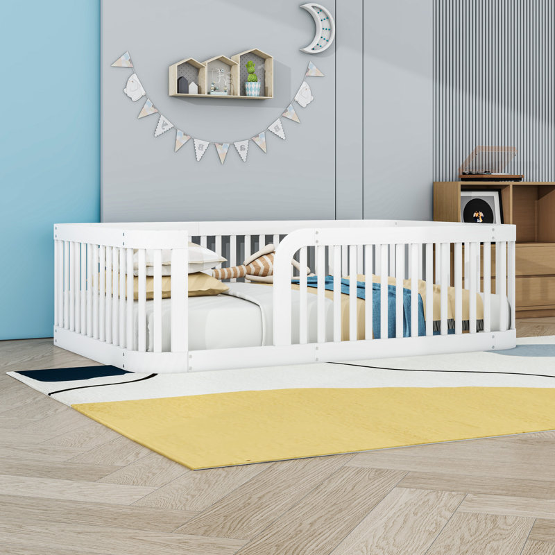 Full Wood Floor Bed With Fence, White
