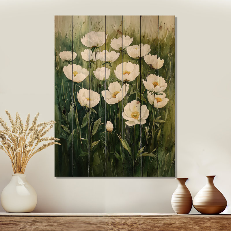 Peonies In The Open Grass Field II - Peonies Wood Wall Decor - On Natural Pine Wood, 20" H x 10" W x 0.78" D