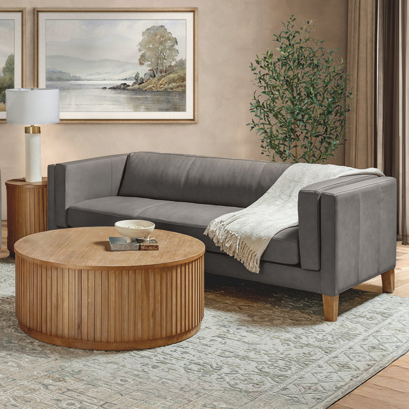 Arloine Top Grain Leather Sofa, Gray, Gray