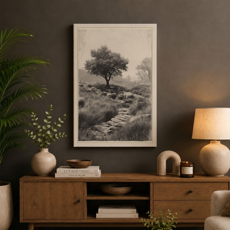 Solitary Tree in Stone Rustic - Wrapped Canvas, 24x16 - 61.0 x 40.6 cm, Teal Border