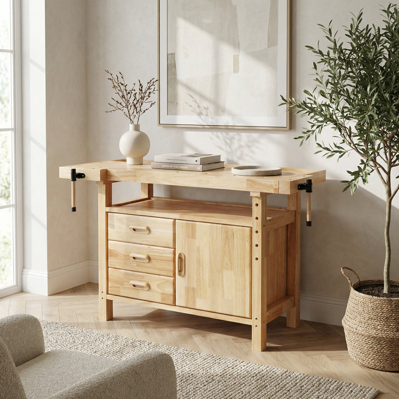 Établi professionnel en bois massif avec tiroirs de rangement et armoire pour garage et atelier