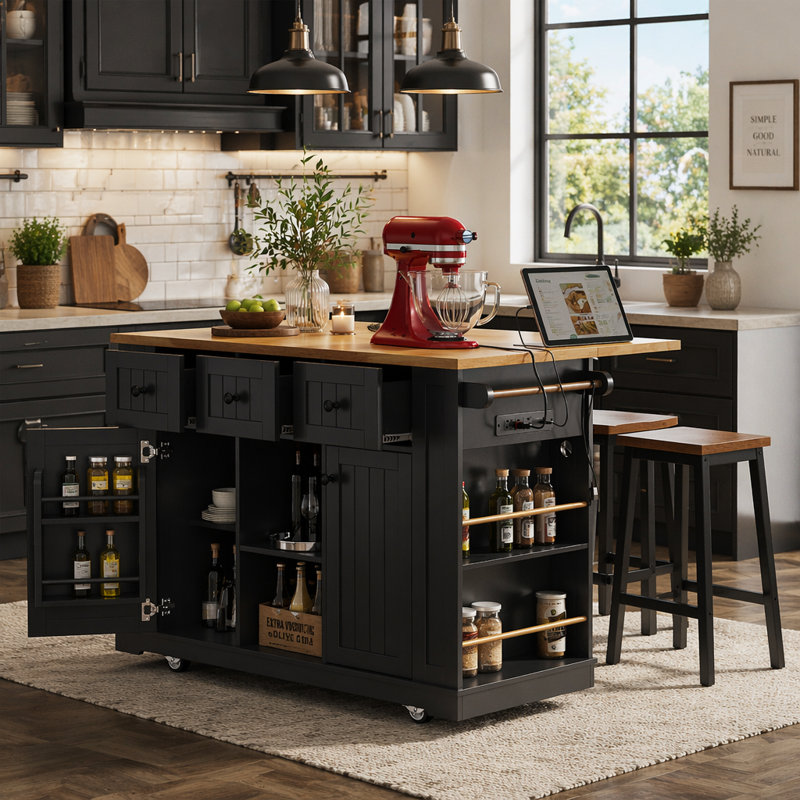 Grand îlot de cuisine de 53 pouces avec 2 tabourets de bar, prise de courant, support de rangement interne pour porte, chariot de rangement de cuisine sur 5 roulettes avec abattant, 5 supports latéraux ouverts, 3 tiroirs, pour la cuisine, la salle à ma