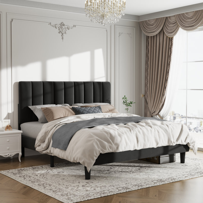 Jerrine Velvet Upholstered Platform Bed, Black, King