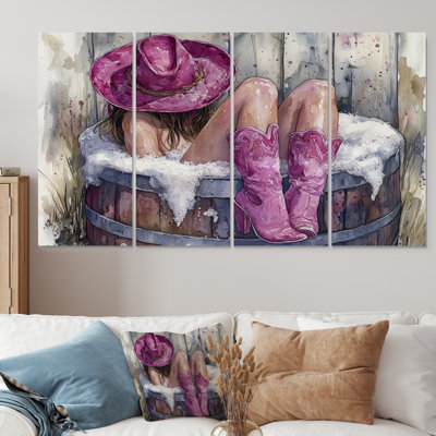 Cowgirl Taking A Bath Into A Farm Barrel VI - Cowgirls Canvas Wall Art Set