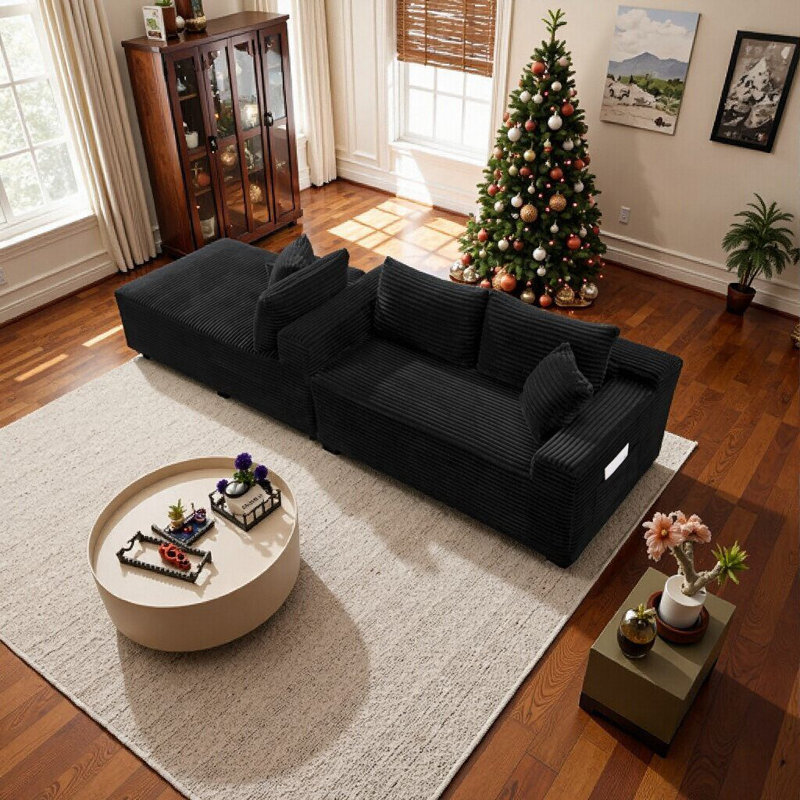 Canapé modulaire en U à assise profonde avec revêtement en velours côtelé, aucun assemblage requis, Noir, 5