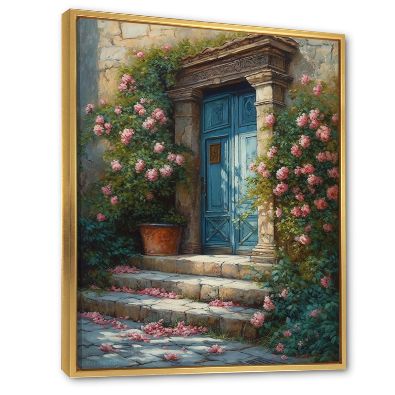 Porte de jardin bleue et rose Robertina III sur toile, H 44 po x l 34 po x P 1,5 po, Cadre flottant doré
