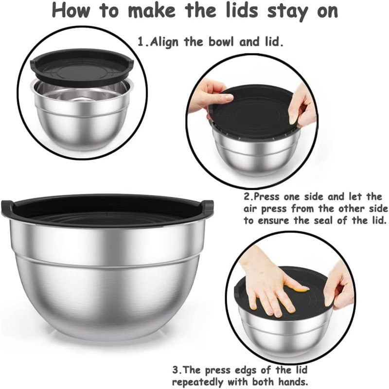 Mixing Bowls With Airtight Lids, 5 Pieces Stainless Steel Metal Nesting Storage Salad Bowls