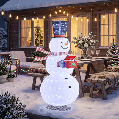Bonhomme de neige lumineux extensible avec boîte-cadeau à ouverture automatique, H 6 pi, tissu et plastique, 1 pièce, décoration de jardin de Noël, blanc, 200 lumières blanches et corps télescopique