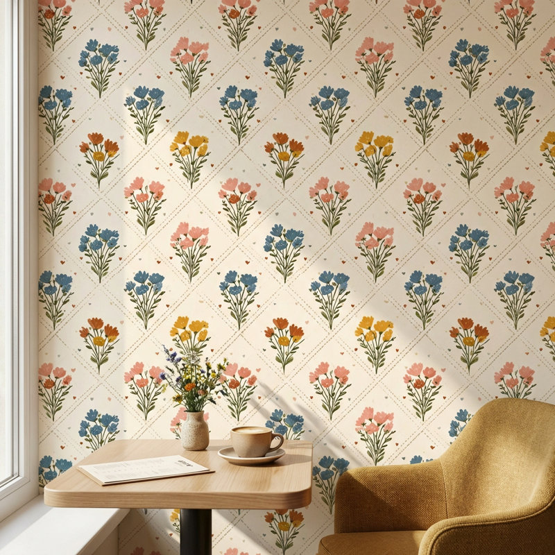 Papier peint floral avec bouquets de fleurs, Peler et coller