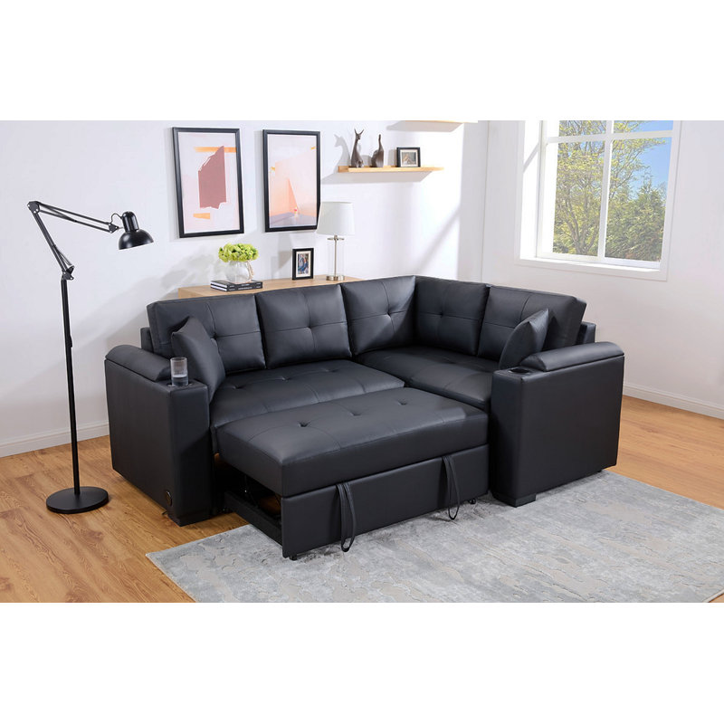 Donovan 84.5"W Black PVC Fabric Sleeper Sectional With USB Charger, Cupholders, Storage Arms