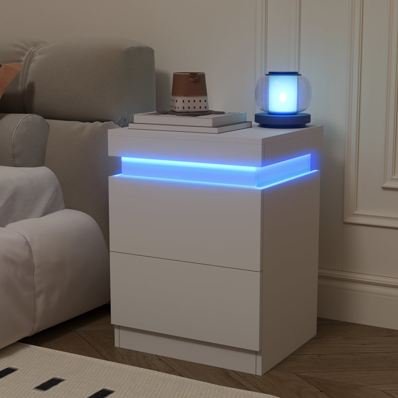 Bedside Table with Charging, 3 Layer Side Table with LED light, Remote and App Control, White