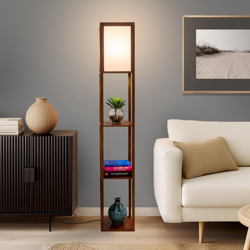 Maxwell 63 in. Traditional LED 3-Shelf Floor Lamp with Fabric Square Shade, Havana Brown