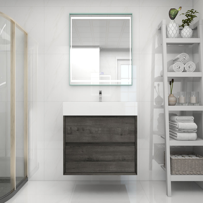 30" Wall Mounted Single Bathroom Vanity, Smoke Oak