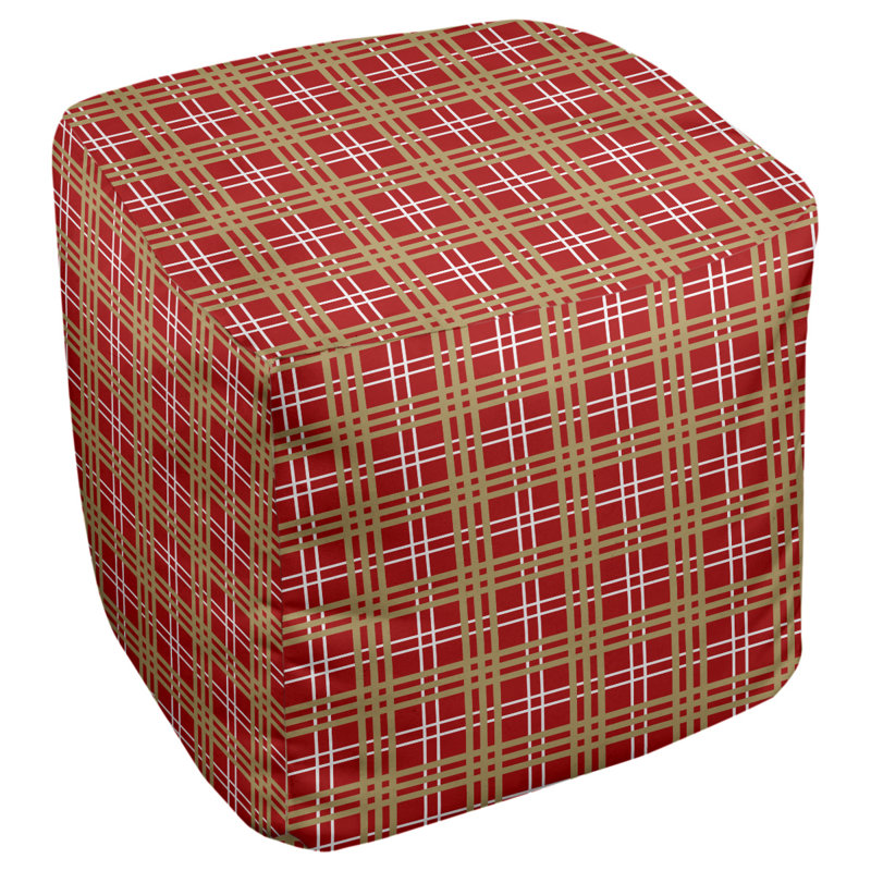 Repose-pieds pouf carré à carreaux Minnesota, Mélange de polyester rouge / blanc / or, H 18 po x l 18 po x P 18 po
